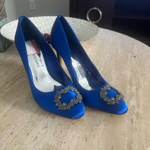 Blue Satin Heels with Embellished Toe